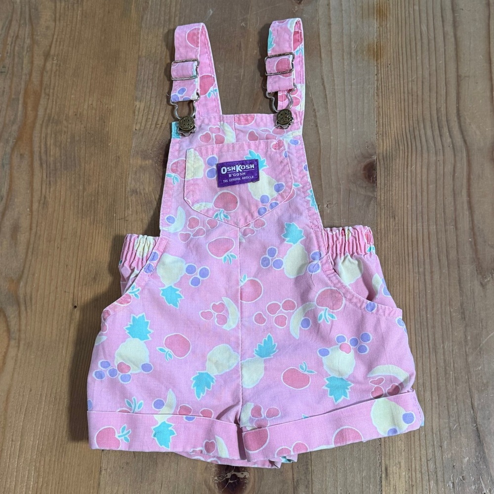 Vintage OshKosh Bgosh Fruit Print Shortalls Pink Made in USA 3T 1878D5480
